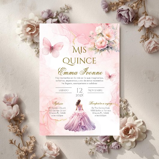 Invitation de Quinceñera en espagnol floral rose