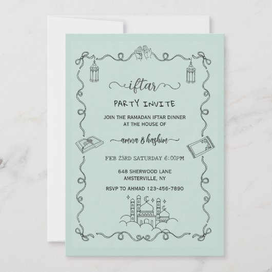 Invitation de ramadan iftar doodle du Ramadan vert (Devant)