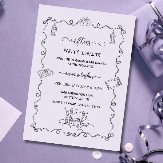 Invitation de ramadan iftar doodle violet Ramadan 