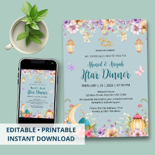 Invitation de Ramadan Iftar Florale et Papillon Bl