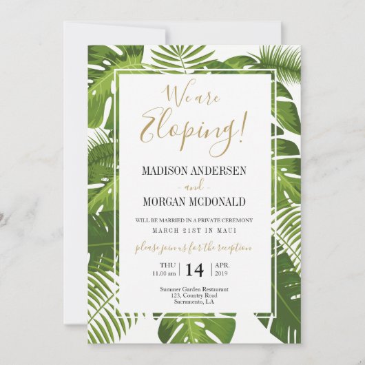 Invitation de réception de mariage intime tropical (Devant)