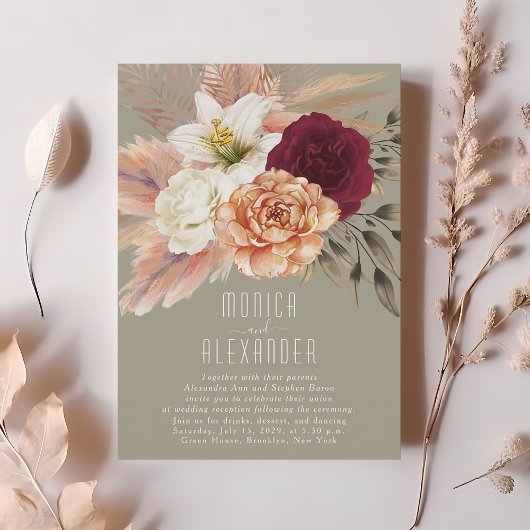 Invitation de réception florale burgonde rustique