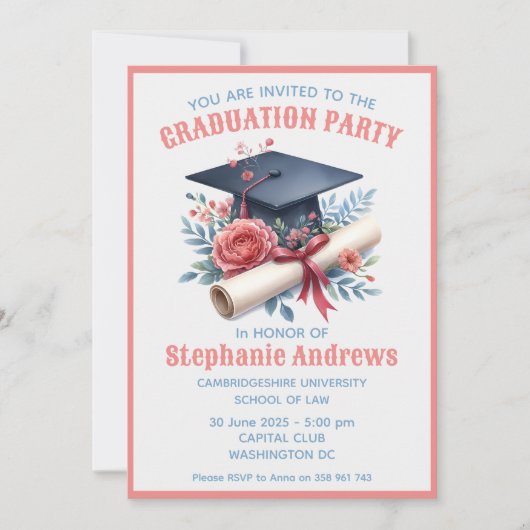Invitation de remise de diplômes rose et bleu mign (Devant)