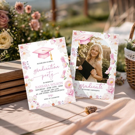 Invitation de remise des diplômes à fleurs roses e