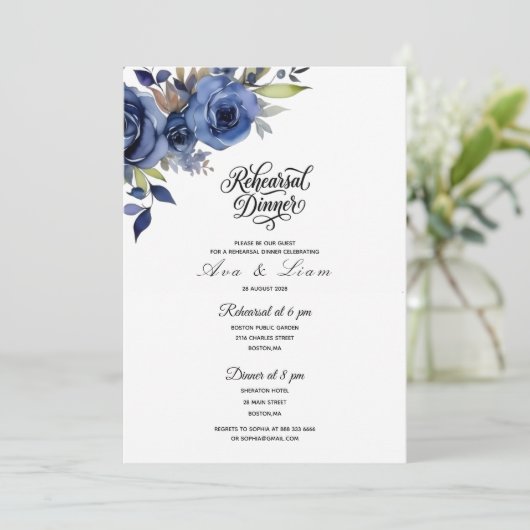 Invitation de répétition de dîner florale bleu mar (Debout devant)