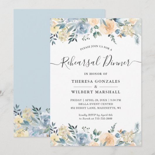 Invitation de répétition de dîner florale bleue va (Devant / Derrière)