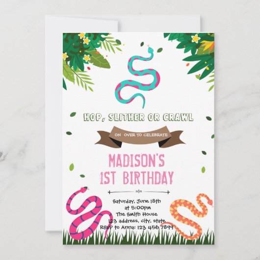 Invitation de reptile d'anniversaire de la petite (Devant)