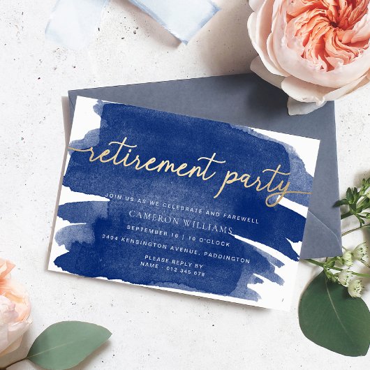 Invitation de retraite Navy Watercolour Gold