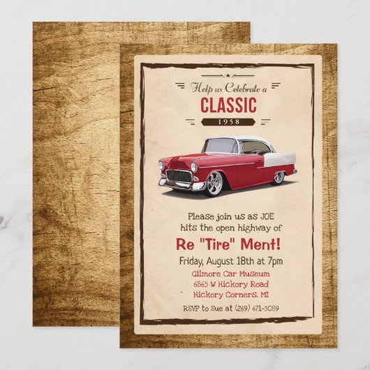 Invitation de retraite rétro de voiture classique (Devant / Derrière)