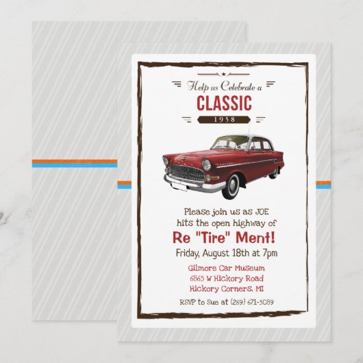 Invitation de retraite rétro de voiture classique (Devant / Derrière)