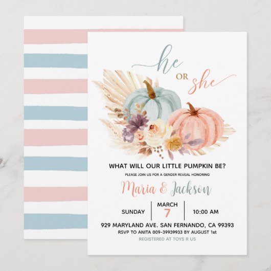 Invitation de révélation de sexe de bébé citrouill (Devant / Derrière)