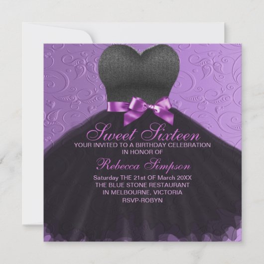 Invitation de robe noire violette pour Sweet Sixte (Devant)