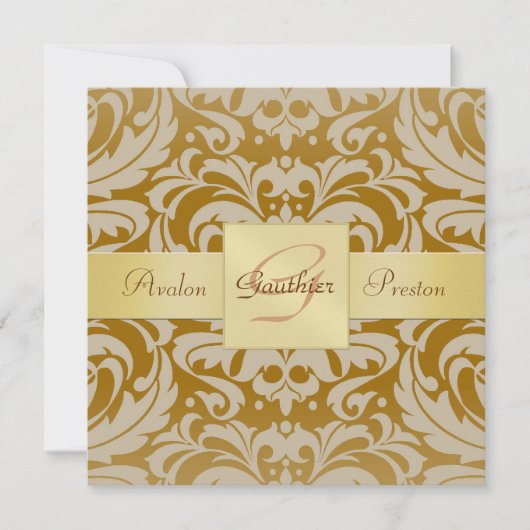 Invitation de ruban d'or de monogramme de damassé (Devant)