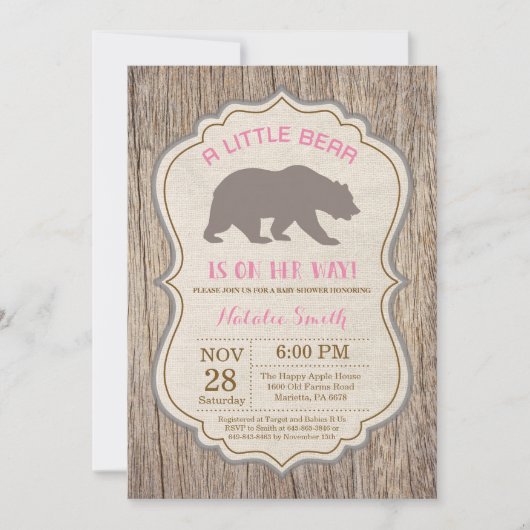 Invitation de Rustic Bear Baby shower Girl (Devant)