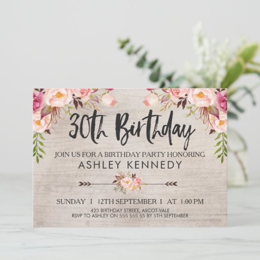 Invitation de Rustic Boho Floral 30e anniversaire (Debout devant)