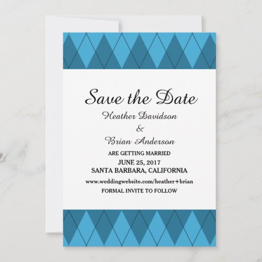 Invitation de sauvegarde de date Blue Argyle (Devant)