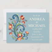 Invitation de sauvegarde de date Rosemaling Bleu e (Devant)