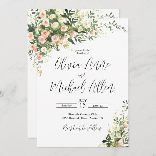 Invitation de script d'aquarelle florale rose (Devant / Derrière)