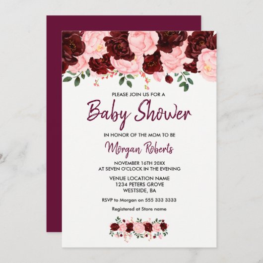 Invitation de script de Baby shower de Rose de Bou (Devant / Derrière)