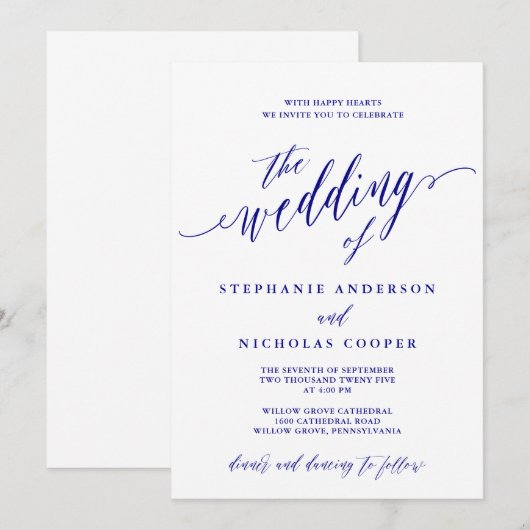 Invitation de script élégant bleu marine (Devant / Derrière)