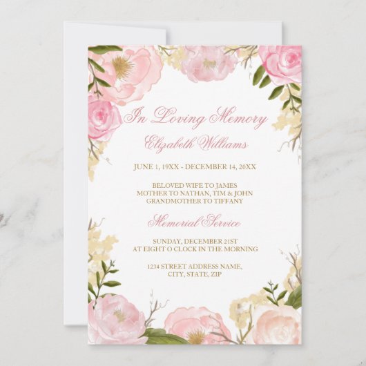 Invitation de service funèbre élégante avec rose r (Devant)