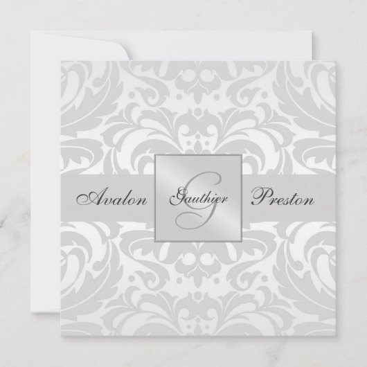 Invitation de Silver Monogramme Mariage damassé (Devant)