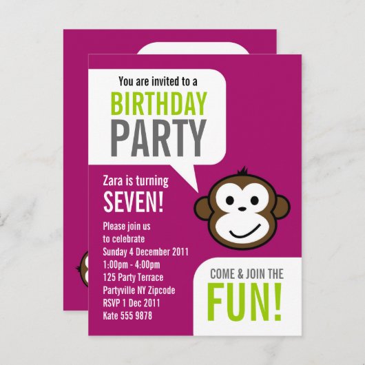 Invitation de Singe Cheeky 2 [violet] (Devant / Derrière)