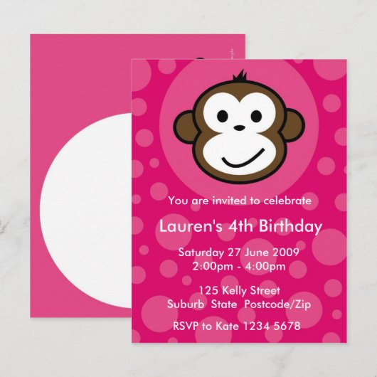 Invitation de singe Cheeky [rose] (Devant / Derrière)