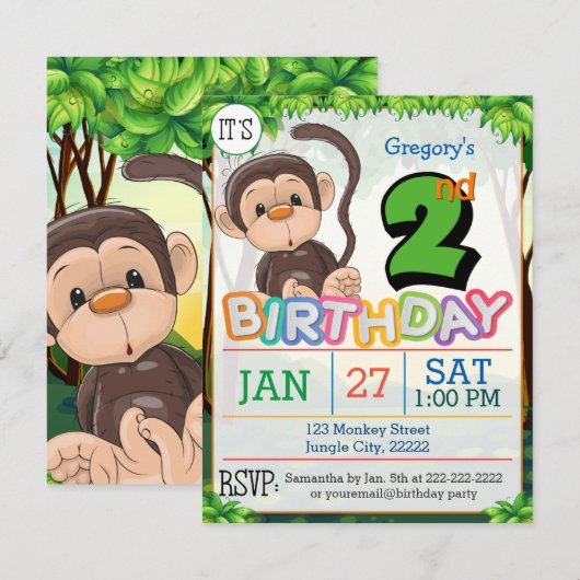 Invitation de singe de la fête du 2e anniversaire (Devant / Derrière)
