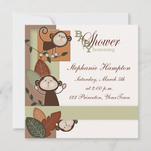 Invitation de singes et de Feuilles Baby showers (Devant)
