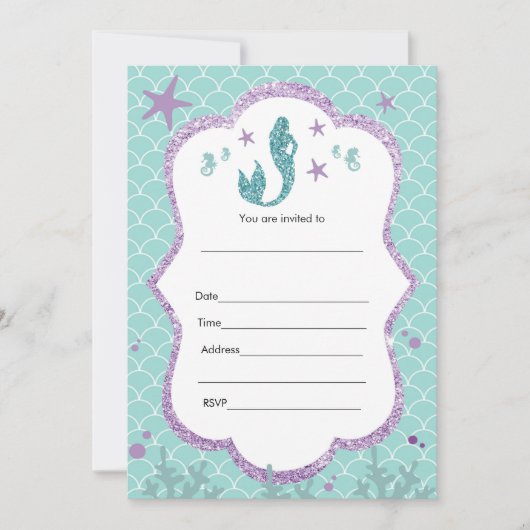 Invitation de sirène à remplir de paillettes viole (Devant)