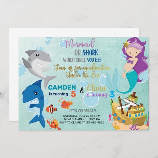 Invitation de Sirène et de requin. (Devant / Derrière)