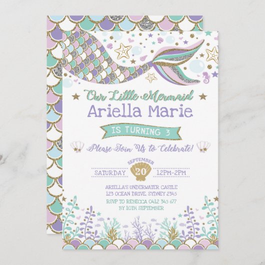 Invitation de sirène sous la fête d'anniversaire (Devant / Derrière)