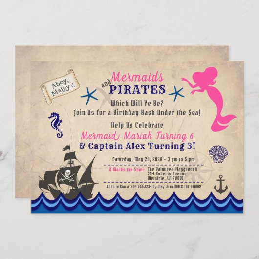 Invitation de sirènes et de pirates, invitation de (Devant / Derrière)