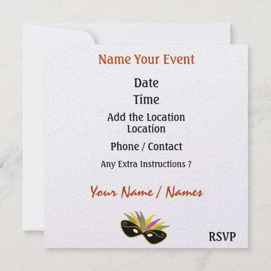 Invitation de soirée costumée par SRF (Dos)