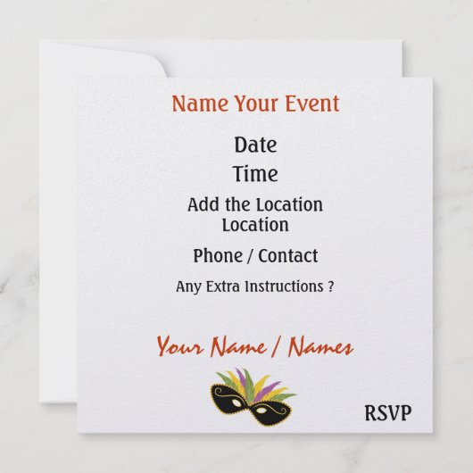 Invitation de soirée costumée par SRF (Dos)