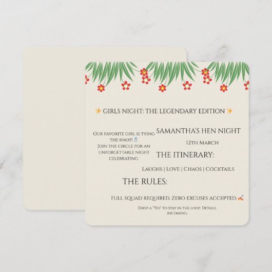 Invitation de soirée de célibataire tropicale – Fe (Devant / Derrière)