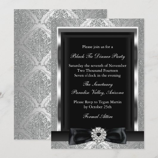 Invitation de soirée de gala Damask & Bow en noir (Devant / Derrière)