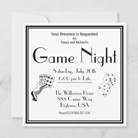 Invitation de soirée de jeux noir et blanc (Devant)
