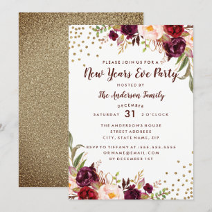 Invitation de soirée du Nouvel An Floral Or Bourgo