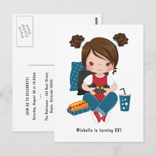 Invitation de soirée jeu vidéo pour filles (Devant / Derrière)