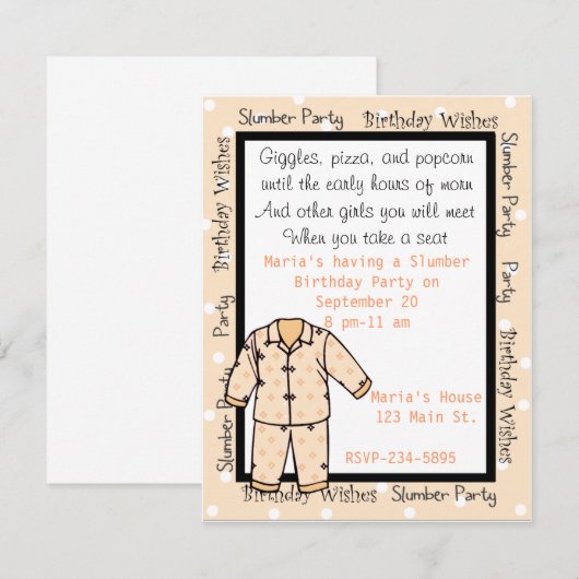 Invitation de soirée pyjamas d'anniversaire (Devant / Derrière)