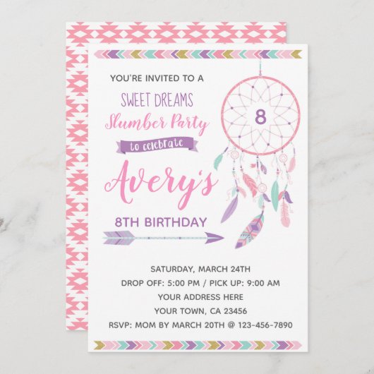 Invitation de soirée pyjamas de Dreamcatcher (Devant / Derrière)