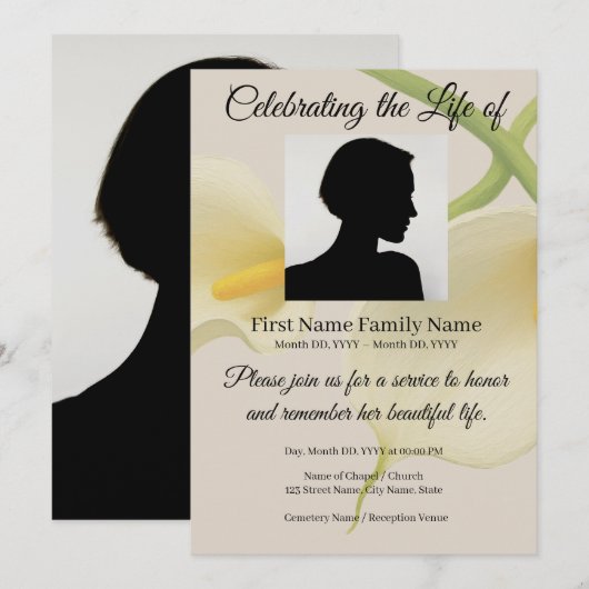 Invitation de souvenir au lys calla (Devant / Derrière)