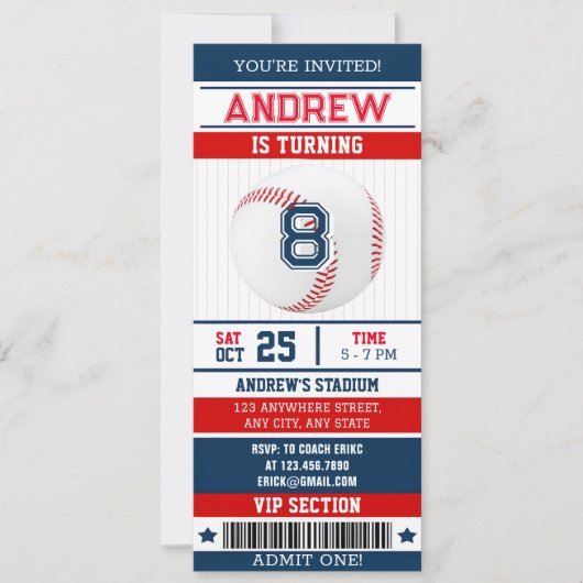 Invitation de style billet de baseball personnalis (Devant)