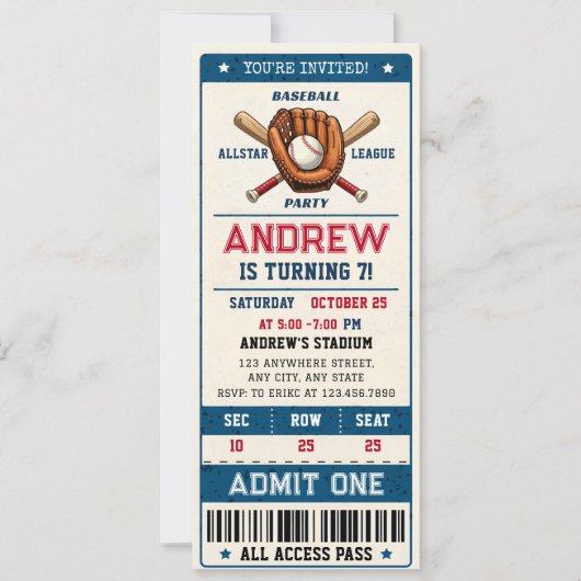 Invitation de style billet vintage de baseball per (Devant)