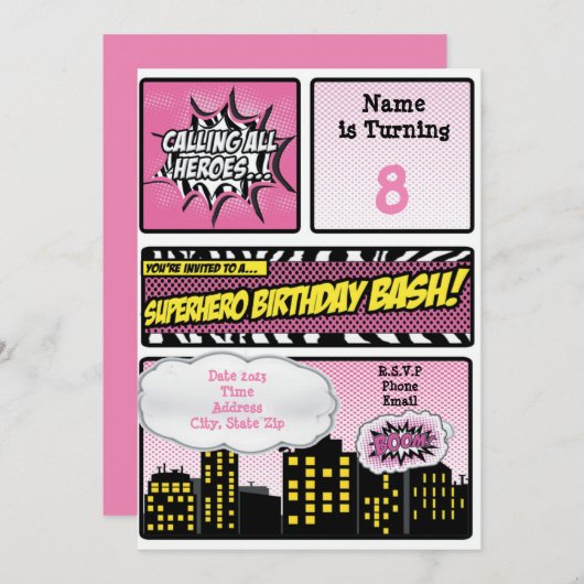 Invitation de superhéros rose (Devant / Derrière)