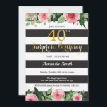 Invitation de surprise 40e anniversaire Femmes flo<br><div class="desc">Invitation surprise 40e anniversaire pour les femmes. Invitation de la fête d'anniversaire Black and Gold. Parties scintillant d'or. Fleur florale d'aquarelle rose. Grandes taches noires et blanches. Numérique imprimable.
Pour plus de personnalisation,  cliquez sur le bouton "Customiser" et utilisez notre outil de conception pour modifier ce modèle.</div>