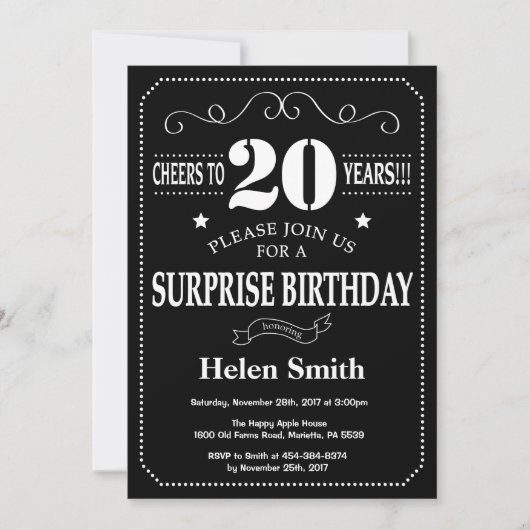 Invitation de surprise d'anniversaire 20 ans table (Devant)