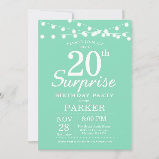 Invitation de surprise d'anniversaire 20 ans vert (Devant)